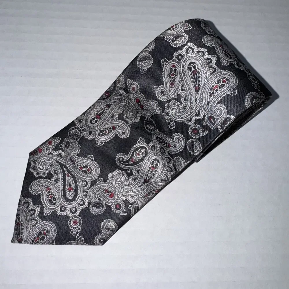 Vintage Gianno Paisley Tie Black Red White 58” x 4” Made in USA Italian Import